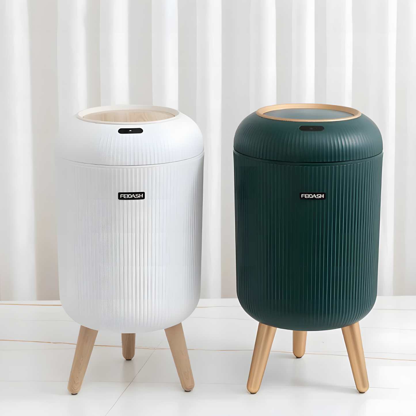 NeoBin – Smart Sensor Trash Bin|Two trash cans, one white and one dark green