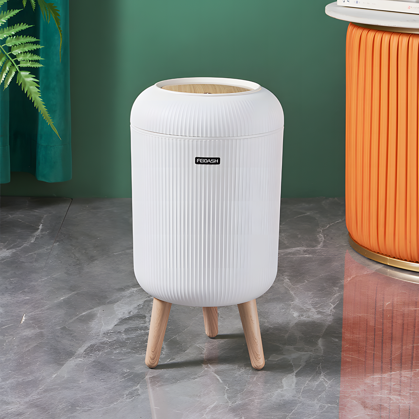 NeoBin – Smart Sensor Trash Bin|White ribbed stool with wooden legs