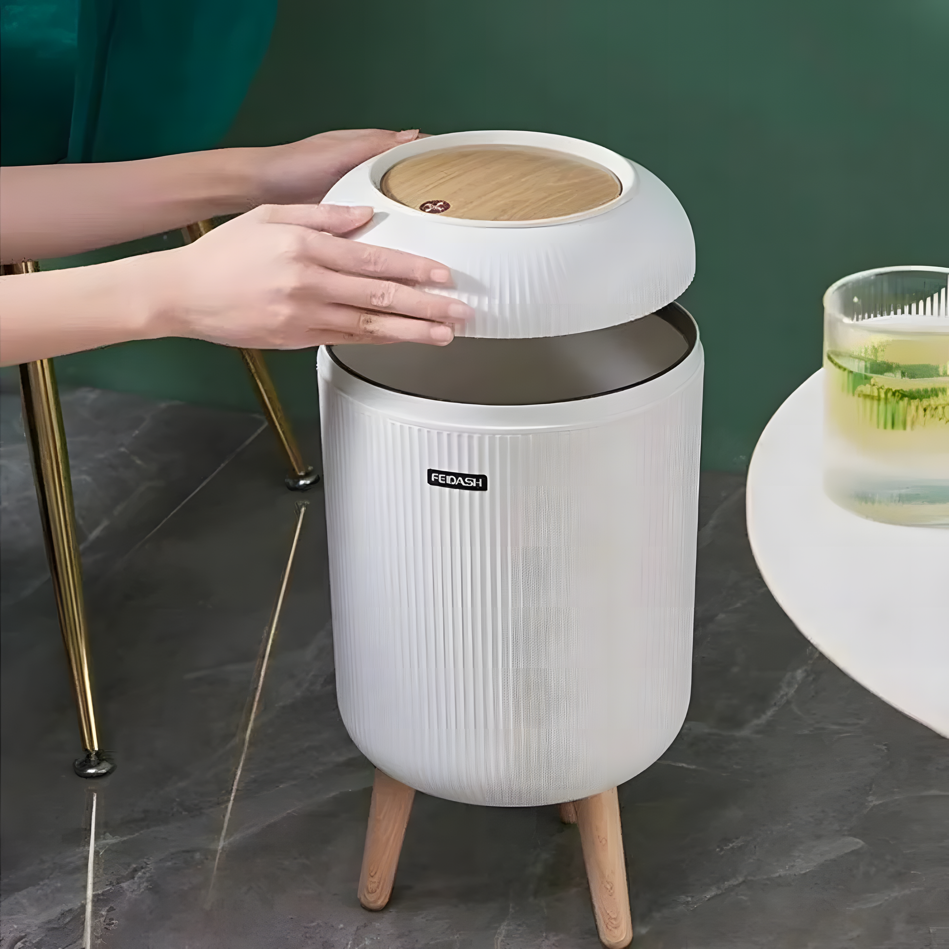 NeoBin – Smart Sensor Trash Bin|White trash bin with a person's hand opening it