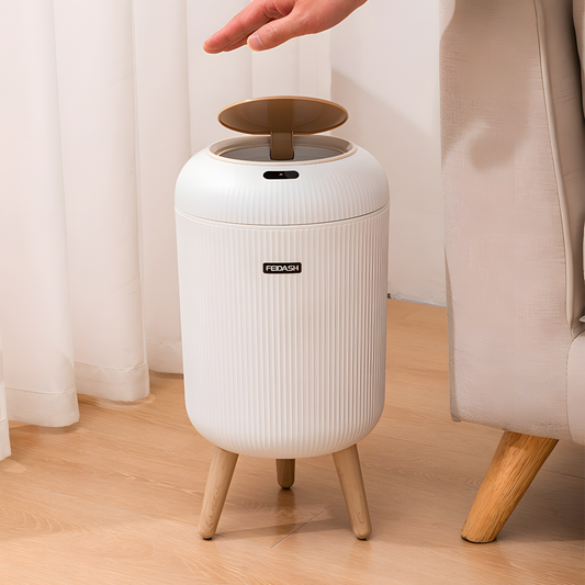 NeoBin – Smart Sensor Trash Bin|With wooden legs on a wooden floor